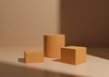 Simple Minimal Light, Pastel Orange Three Podium or Stand Composition for Product Display. Geometric form 3D Rendering Background Royalty Free Stock Photo
