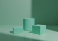Simple Minimal Light Turquoise Three Podium or Stand Composition for Product Display. Geometric form 3D Rendering Background with Royalty Free Stock Photo