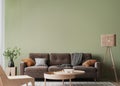 Simple minimal modern style interior, brown sofa on green wall background
