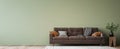 Simple minimal modern style interior, brown sofa on green wall background Royalty Free Stock Photo