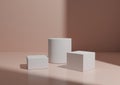 Simple Minimal Three White Podium or Stand Composition for Product Display. Geometric form 3D Rendering Light, Pastel Pink