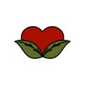 Simple Minimalist Green Leaf with Red Love Heart Symbol Icon Illustration