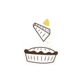 Simple minimalist icon with fresh sweet fruit pie. Lemon peel is rubbed on a grater and added to baking. Illustration of food