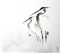 Simple minimalist ink wash painting of of two herons in the mist. Traditional oriental ink painting sumi-e, u-sin, go