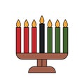 Simple minimalist outline with color icon of Kwanzaa kinara - candle holder menorah with seven candles. Vector