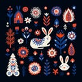 Simple minimalist Scandinavian pattern with banny rabit, forest and flowers