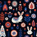 Simple minimalist Scandinavian seamless pattern with banny, forest and flowers