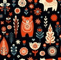 Simple minimalist Scandinavian seamless pattern with bears, christmas forest, flowers