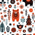 Simple minimalist Scandinavian seamless pattern with bears, christmas forest, flowers