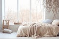 Contemporary minimalist design. Simple modern bedroom interior. Double bed with pillows and blanket, large window with Royalty Free Stock Photo