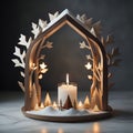 Simple modern designed birchwood arch, decorated with pine trees, snow and a burning candle