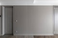 Simple Modern Grey Closed Door with Frame on Grey Wall with grey light switch and grey socket in the Empty Room. Interior Design