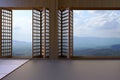 Simple Modern Japanese living room Clean window and views of mountains and sky