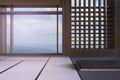 Simple Modern Japanese living room and window views of the mountains and the sky