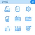 Simple Modern Set of Business Blue Color Line Icons. nBusiness Meeting, Office document, Agreement, Settings, Bar Chart