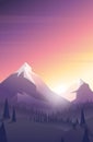 Simple morning mountain landscape in modern colorful low poly style