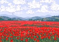 Nature Scene with Red Poppy Field, Hills, Clouds in Sky