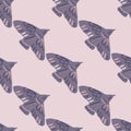 Simple nature seamless pattern with purple stylized bird silhouettes. Light pink background. Creative animal print