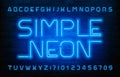 Simple Neon alphabet font. Blue light letters and numbers. Brick wall background.