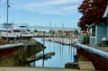 Small ocean marina in Maine, USA, with small pleasure boats parked on water and on land Royalty Free Stock Photo