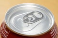 Simple new small closed unopened 330 ml metal can of soda, macro, top part extreme closeup, object detail. Carbonated drinks Royalty Free Stock Photo