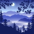 Night Landscape with Mountains, Full Moon and Trees Royalty Free Stock Photo