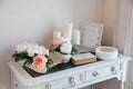 Table for the bedroom. Fragment of the interior of a beautiful bedroom Suite in bright white. Royalty Free Stock Photo