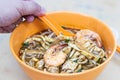 Simple no frills Sarawak laksa with prawn and chicken meat