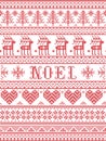 Simple Noel Christmas pattern with Scandinavian, Nordic festive winter pastern in cross stitch with heart, snowflake, snow