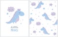 Hello Prince. Cute Simple Dino Illustration with White Fluffy Smiling Clouds and Stars on a White Background. Royalty Free Stock Photo