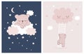 Cute Little Bear Sleeping on a White Fluffy Cloud. Baby Girl Room Decoration.