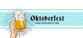 Simple oktoberfest banner poster design. Hand holding full glass of bear drawing style vector illustration with bavaria germany