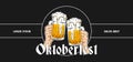 Simple oktoberfest banner poster design. Two hands holding full glass of bear toasting drawing style vector illustration with dark Royalty Free Stock Photo