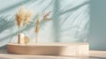 A simple one layer podium for e-comerce. Minimalism, beige, gold, light blue, vibrant colouring. Generated by artificial