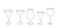 Simple one line cocktail glasses. Continuous lines wine, martini, summer drink glass. Vector drinks, bar alcoholic and