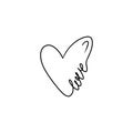 Simple one line heart with the word love inside in black isolated on white. Continuous line concept, Saint Valentine\'s day. Royalty Free Stock Photo