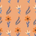 Simple Orange Flowers and Blue Leaves Seamless Pattern with Soft Orange Background Royalty Free Stock Photo