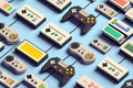 simple organised retro console game controllers gamepads repetitive array pattern group abstract background isometric top view