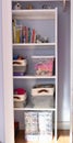 Simple organized built-in shelves in child\'s bedroom closet for easy clean up of toys and books Royalty Free Stock Photo