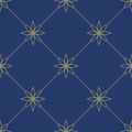 Simple ornament with floral elements. Yellow dotted pattern on blue background. Seamless texture