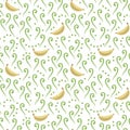 Simple ornament with yellow fruits bananas, green curls and dots on a white background. Seamless vector pattern.