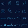 Simple outline blue fishing icons set eps10