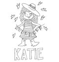The simple outline drawing for coloring with the image of children of different name characters and education Royalty Free Stock Photo