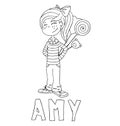 The simple outline drawing for coloring with the image of children of different name characters and education Royalty Free Stock Photo