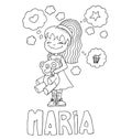 The simple outline drawing for coloring with the image of children of different name characters and education Royalty Free Stock Photo