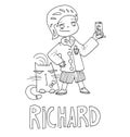 The simple outline drawing for coloring with the image of children of different name characters and education Royalty Free Stock Photo