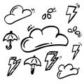 Simple Outline Hand Draw Skecth, Cloud, Storm, Water Drop and Umbrella