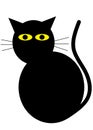 A simple outline shape of an all black cat with yellow eyes white backdrop