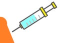 A simple outline shape of a injection needle syringe and partial view of the human shoulder arm white backdrop