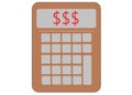 A simple outline shape of a modern scientific calculator showing red money signs at the display white backdrop